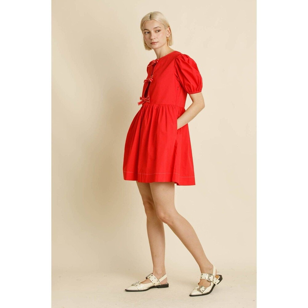 Band of the Free Bubble Sleeve, Tie Front Bows, Mini Cotton Dress M